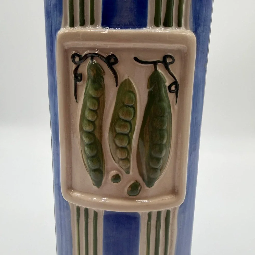 Vtg. Hand Painted Striped Ceramic Pasta Canister with Pea Pod Relief Blue Green